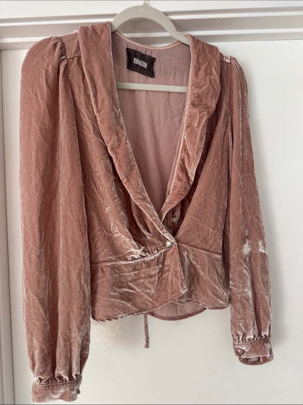 Reformation Blush Pink silk Velvet Shawl-Collar Women's Top